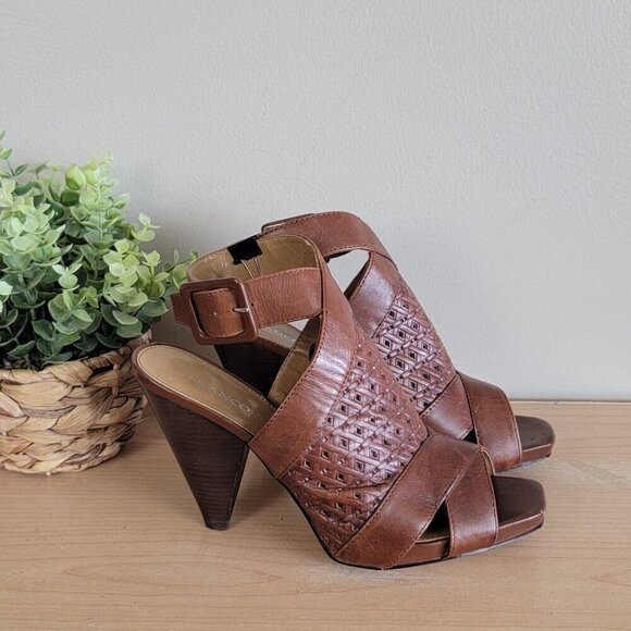 Franco Sarto Thirst Brown Leather Basket Weave Open Toe Wedge heel Sandals 8 - Picture 1 of 16